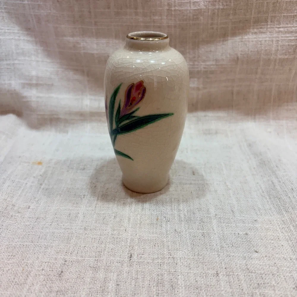 Homco Japan Vintage Satsuma Style Floral Bud‎ Vase Crackle Glaze Gold Rim 4 Inch